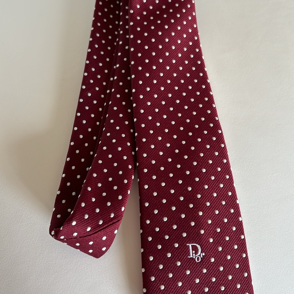 Vintage Christian Dior Men’s Neck Tie Maroon Burgundy White Dots Silk Blend - Picture 11 of 13